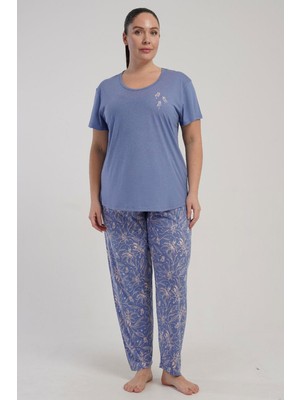 Kezokino Kadın Büyük Beden Kısa Kollu Mor Pijama Takımı Yazlık Ev Giyimi C8T4N2215