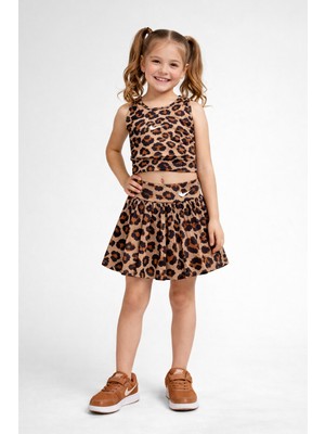 Uğur Bebe Kız Çocuk Leopar Desenli Crop Krop Mayo Şort Etekli Spor Havuz ve Deniz Uyumlu 1 Beden Büyük Alınız
