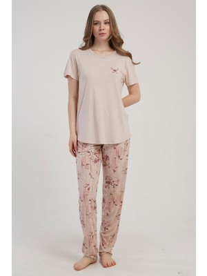 Kezokino Kadın Kısa Kollu Pembe Pijama Takımı Rahat Kesim Yazlık Ev Giyimi C5T4N2215