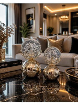 Kristal Küre Dekoratif Obje 2’li Set Gold Modern Ev Salon Ofis Aksesuarı Masa Süsü