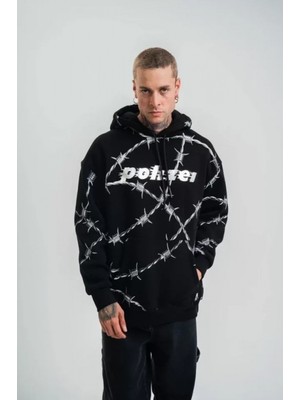 Marsilyan- Polızeı Premium Kalite Kapşonlu Varak ve Pano Baskılı Sweatshirt - Siyah