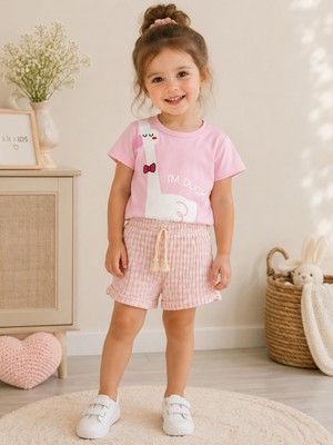 KR Kids Kız Çocuk Ördek Baskılı Şortlu Takım Pembe Tişört Pembe Şort Yazlık 2'li Takım