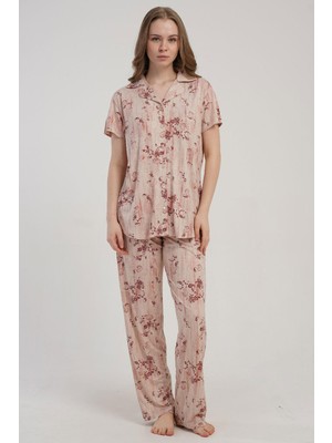 Kezokino Kadın Önden Düğmeli Kısa Kollu Pembe Pijama Takımı Yazlık Ev Giyimi C4T4N2215