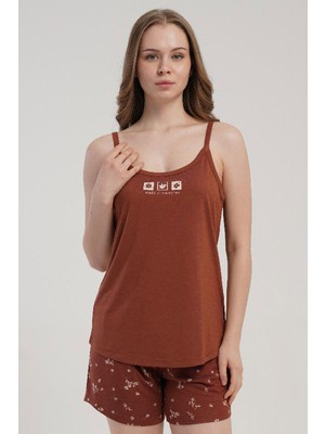 Kezokino Kadın Ince Askılı Şortlu Kiremit Pijama Takımı Rahat Kesim Yazlık Ev Giyimi C3T4N2215