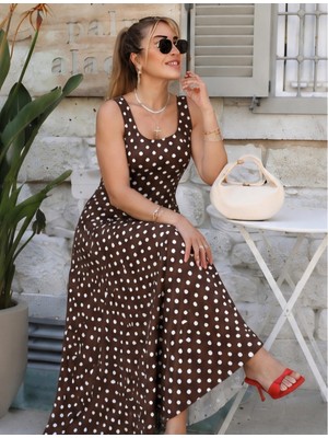Qimya Butik Buketli Kadın Kare Yaka Iri Puantiyeli Etek Ucu Kloş Askılı Penye Uzun Elbise