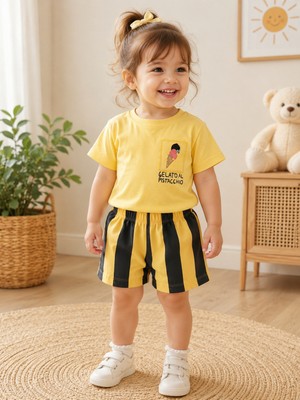 KR Kids Kız Bebek Dondurma Baskılı Şortlu Takım Sarı Tişört Çizgili Şort Yazlık 2'li Takım 1-4 Yaş