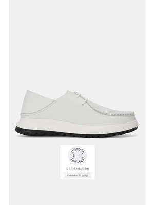 Tunaelli Erkek Beyaz Hakiki Doğal Deri Eva Tabanlı Sneaker Bağcıklı Ayakkabı