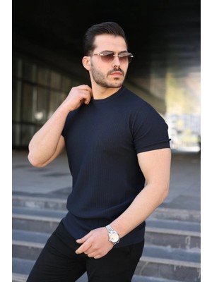 Marsilyan- Erkek Bisiklet Yaka Petek Dokulu Kısa Kollu Triko Tişört