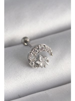 Alkasaz 316L Çelik Gümüş Renk Zirkon Taşlı Ay Yıldız Tragus Piercing