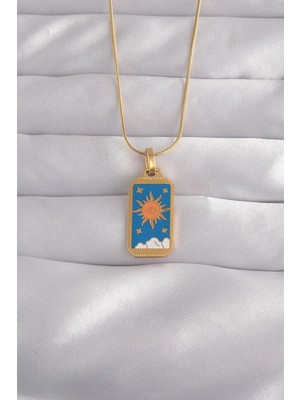 Alkasaz 316L Çelik Gold Renk Mavi Mineli Güneş Model Tarot Kolye