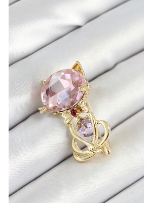Alkasaz Pembe Zirkon Taşlı Kap Detaylı Kedi Figürlü Gold Renk Kadın Broş