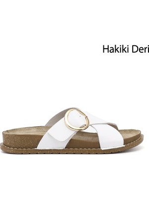 Gönderi(r) Kadın 001-Beyaz  Çapraz Bantlı Hakiki Deri Terlik