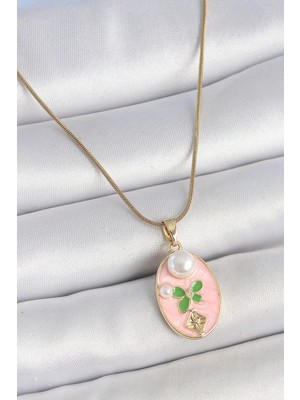 Alkasaz 316L Çelik Gold Renk Zincir Pembe Mineli Oval Incili Çiçek Işlemeli Portre Model Kadın Kolye