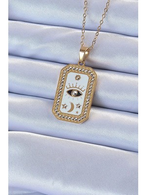 Alkasaz 316L Çelik Zincir Altın Renk Mineli Zirkon Taşlı Göz Figür Tarot Kolye