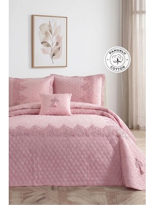 Evlen Home Collection Evlen Home Diamond Dantelli Çift Kişilik Yatak Örtüsü 4 Parça Pudra