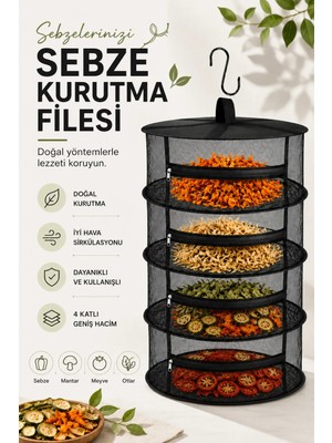 Tineke   4 Katlı Fermuarlı Meyve Sebze Kurutma Filesi | Katlanabilir Doğal Kurutma Sepeti Siyah