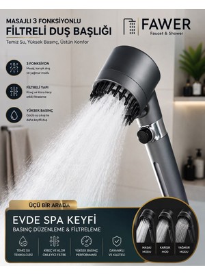FAWER Faucet & Shower Filtreli 3 Fonksiyonlu Yüksek Basınçlı Taraklı Start Stop Gri Banyo Duş Başlığı - 408T