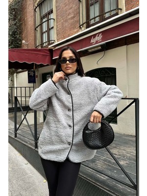 Gri Kadın Peluş Düğmeli Oversize Ceket – Yumuşak Dokulu MLB134