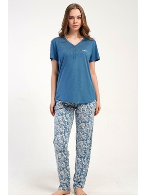 Kezokino Kadın Kısa Kollu Yarım Düğmeli Mavi Pijama Takımı Rahat Kesim Yazlık Ev Giyimi C6T7N2215