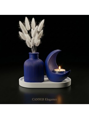 Canseb Elegance 3lü Premium Avangard Hilal Ay Mumluk, Pampas Vazosu Seti - Tealight Mum Hediyeli
