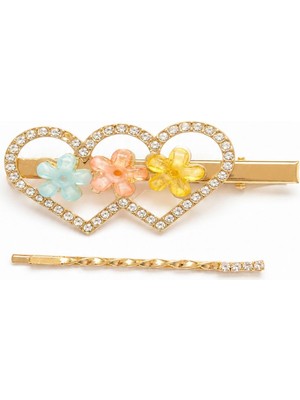 New Obsessions Taşlı Çiçekli Kalp Pens Toka 2 Adet