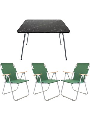 Bofigo 60X80 Granit Desenli Katlanır Masa ve 3 Katlanır Sandalye Seti Yeşil Akrilik Kumaşlı Taşınabilir