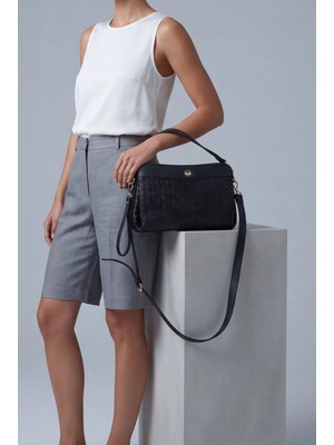 Marjin Kadın Fermuarlı İç Cepli Clutch Çapraz Askılı El ve Omuz Çantası Faris Siyah