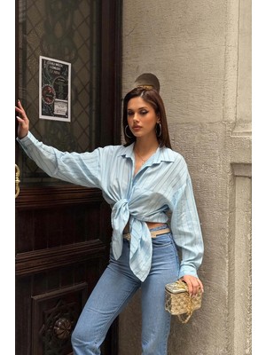 My Loore Kadın Mavi Oversize Gömlek Salaş Kesim Şık Günlük Gömlek