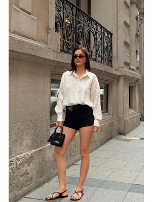 My Loore Kadın Ekru Oversize Gömlek Salaş Kesim Şık Günlük Gömlek