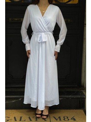 My Loore Kadın Beyaz Kuşaklı Kruvaze Yaka Maxi Şifon Elbise MLB210