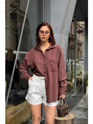 My Loore Kadın Kahverengi Oversize Gömlek Salaş Kesim Şık Günlük Gömlek