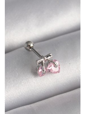 Marsilyan 316L Çelik Gümüş Renk Pembe Zirkon Taşlı Kalp Tragus Piercing 5886