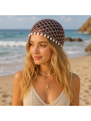 Atamer Grup El Yapımı Örgü Bandana Deniz Kabuklu Bohem Yazlık Kadın Saç Aksesuarı Hafif Şık Bandana