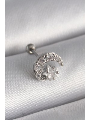 Marsilyan 316L Çelik Gümüş Renk Zirkon Taşlı Ay Yıldız Tragus Piercing 5886