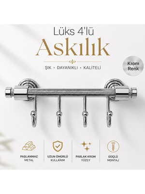 Badem10 Krom 4'lü Askılık Duvara Monte Banyo Mutfak Antre Vestiyer Havlu Elbise Askısı Dekoratif Şık Model