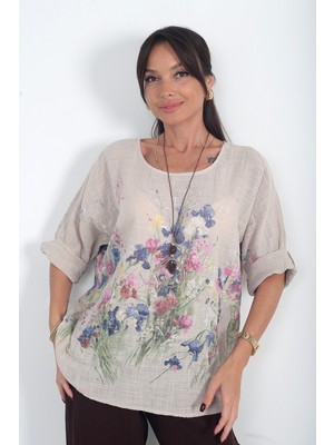 By Saygı Kadın Italyan Cotton Çiçek Desenli Oversize Bluz