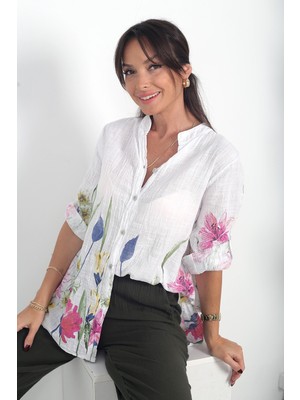 By Saygı Kadın Italyan Etek Uçları ve Kolları Büyük Çiçekli Oversize Cotton Gömlek