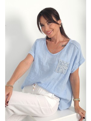 By Saygı Kadın Italyan Cotton V Yaka Örgü Dantel Tek Cepli Oversize Keten Bluz
