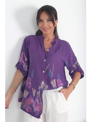 By Saygı Kadın Italyan Etek Uçları ve Kolları Büyük Çiçekli Oversize Cotton Gömlek