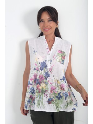 By Saygı Kadın Italyan Cotton Sıfır Kol Çiçekli Tek Cepli Bluz