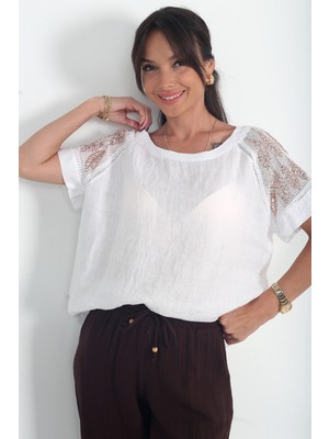 By Saygı Kadın Italyan Kolları Pullu File Detaylı Oversize Keten Bluz