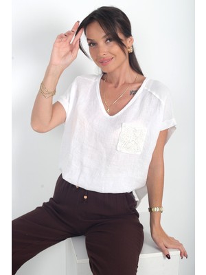 By Saygı Kadın Italyan Cotton V Yaka Örgü Dantel Tek Cepli Oversize Keten Bluz