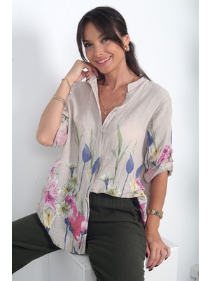 By Saygı Kadın Italyan Etek Uçları ve Kolları Büyük Çiçekli Oversize Cotton Gömlek