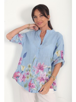 By Saygı Kadın Italyan Etek Uçları ve Kolları Büyük Çiçekli Oversize Cotton Gömlek
