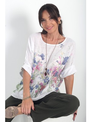 By Saygı Kadın Italyan Cotton Çiçek Desenli Oversize Bluz