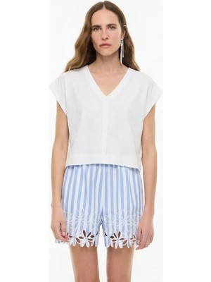ROMAN Düşük Omuzlu Crop T-Shirt Ekru YY023805_049