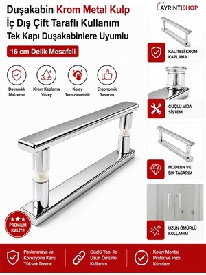 AYRINTISHOP 16 cm Delik Mesafeli Duşakabin Cam Kapı Kulbu Krom Metal Alüminyum Şık Tasarım