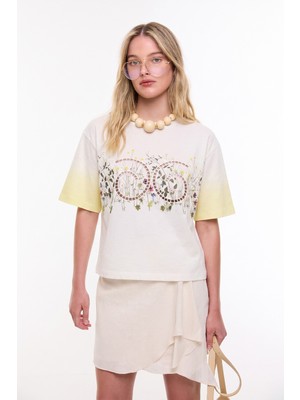 ROMAN Çiçek Baskılı Nakışlı T-Shirt Ekru YY023811_049