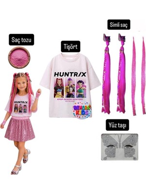 Bemora Kids Kpop Mira Huntrix Iblis Avcıları Baskılı Tişört Mira Pembe Simli Saç +Yüz Taşı+Saç Tozu Parti Doğum Günü