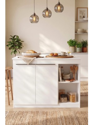 Yurudesign Orren Ada Mutfak Yemek Masası 2 Kapaklı 120CM Beyaz Or2-W
